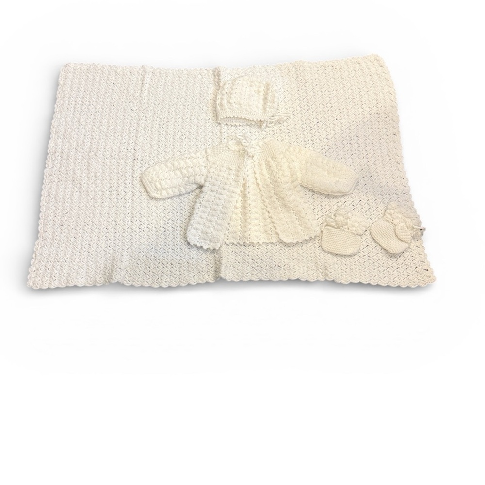 Crochet Baby Layette and Blanket Set Blanket Sweater Booties Hat Baptism White